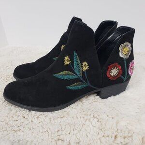 Indigo Black Ankle Boots with Floral Embroidery